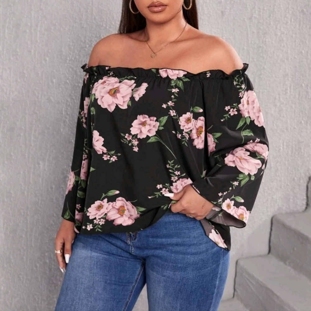 New! Floral Print Off Shoulder Frill Trim Trumpet Sleeve Blouse 2XL/16 NWOT